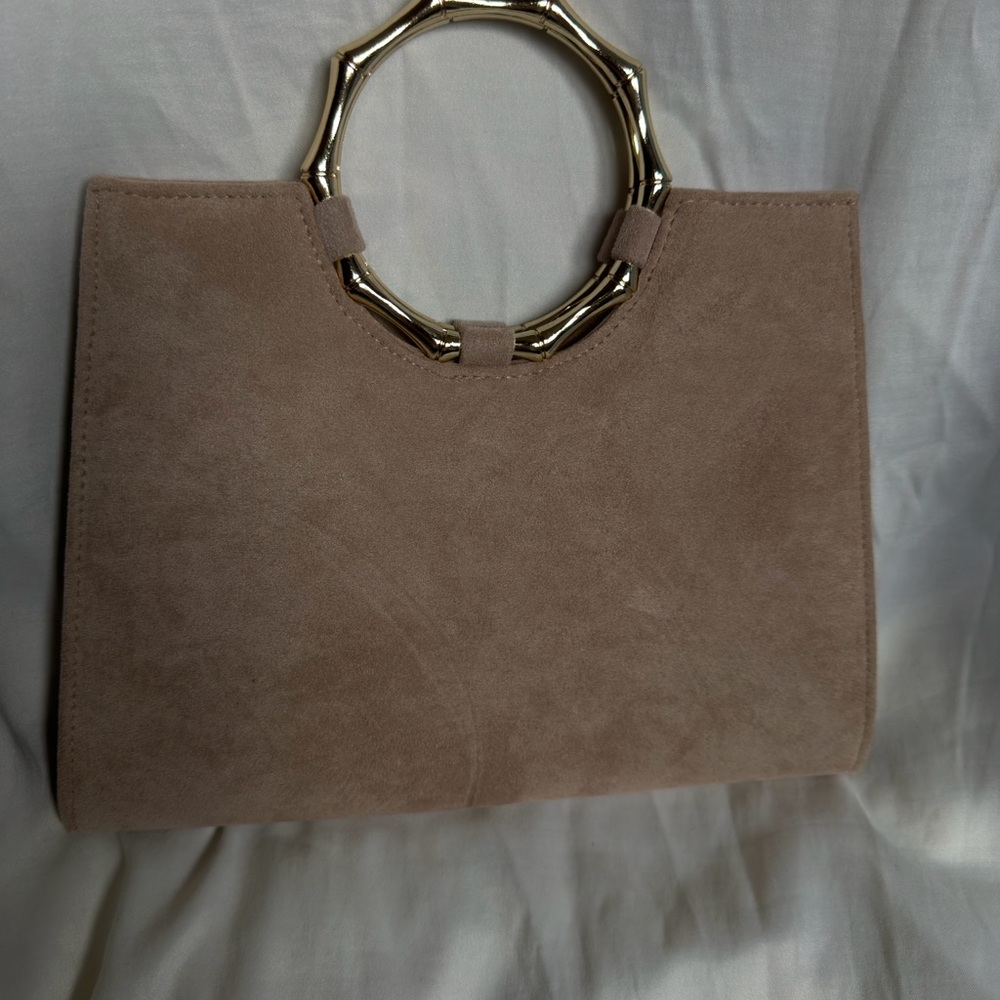 Sophisticated Tan Suede Clutch with Gold Handle